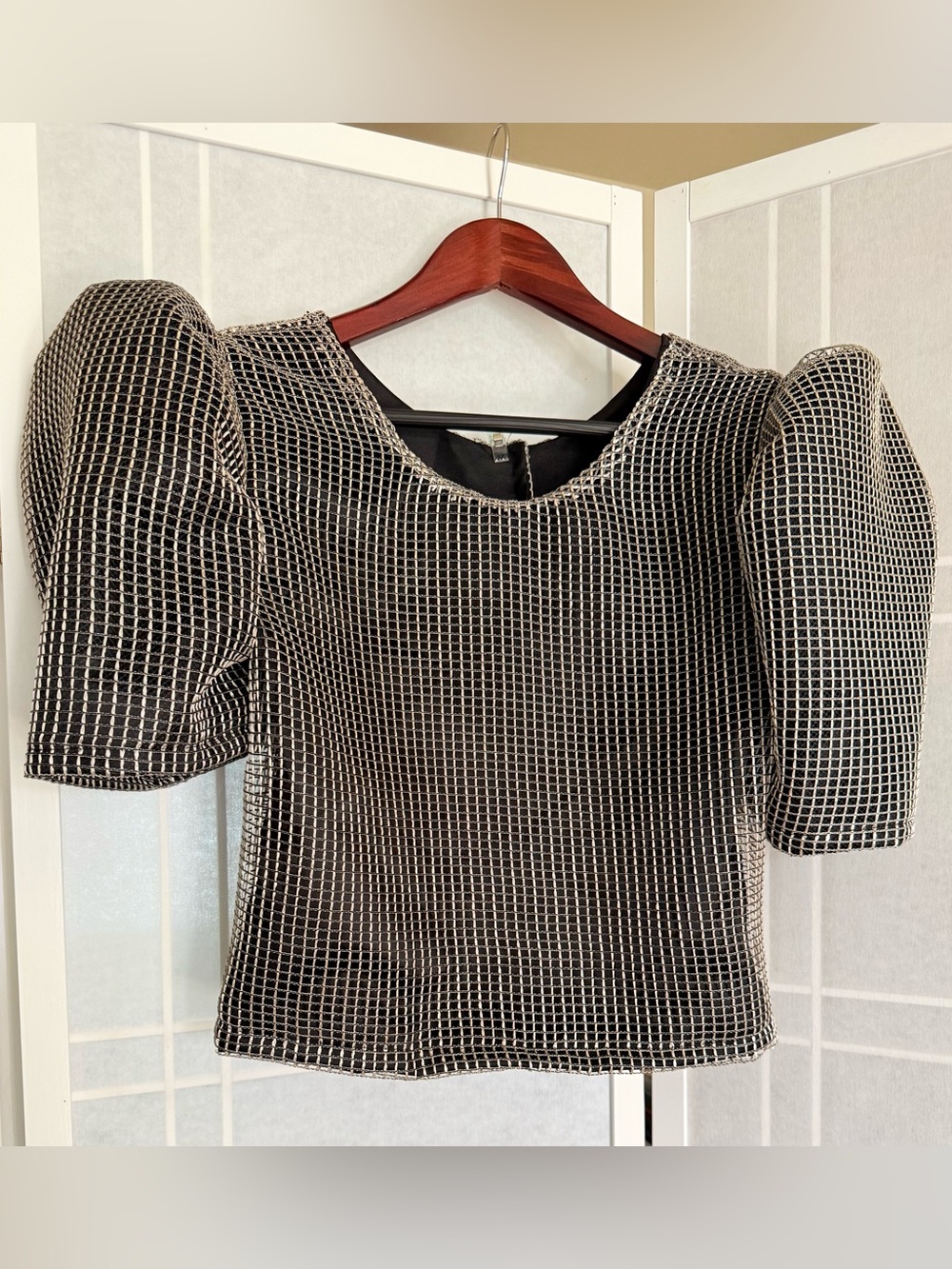 Modern Filipiniana Black & White Puff Sleeve Grid Top